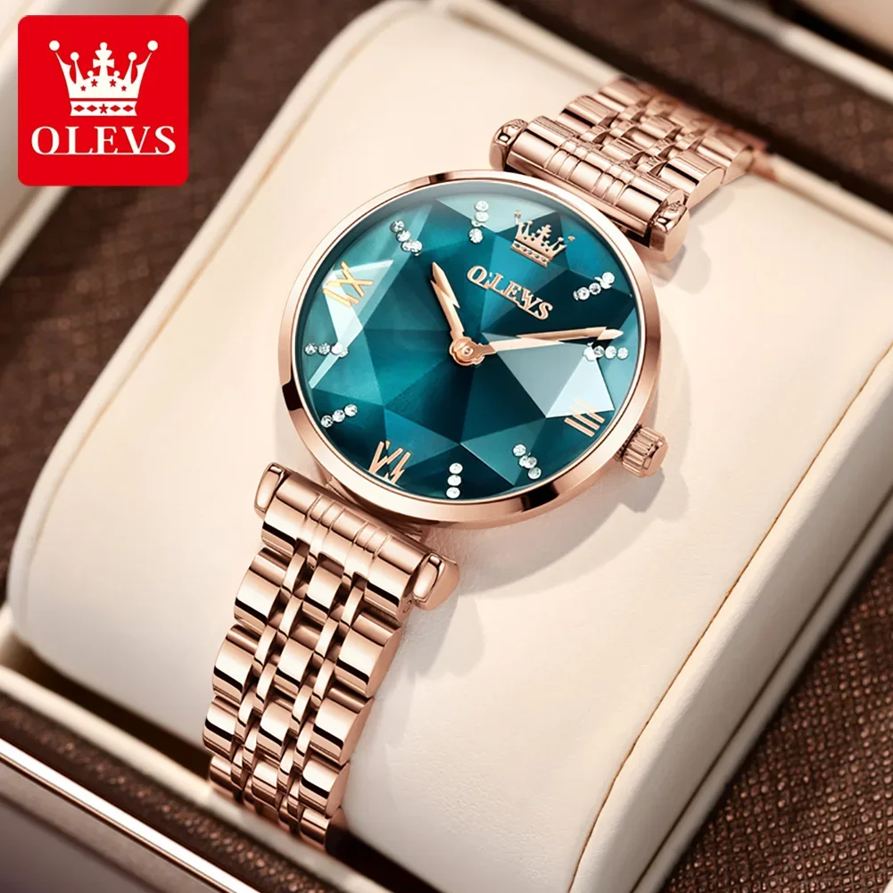 OLEVS Brand Elegant Watch for Women Fashion Luxury Stainless Steel Strap Diamond Mirror Green Dial Waterproof Quartz Wristwatch