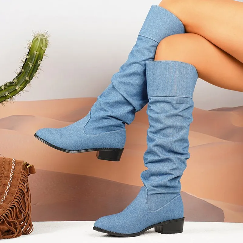 Autumn/Winter Versatile Oversized Pointed Denim Pleated Women's High Boots 2026 Women Middle Heel Fashion Western Cowboy Boots