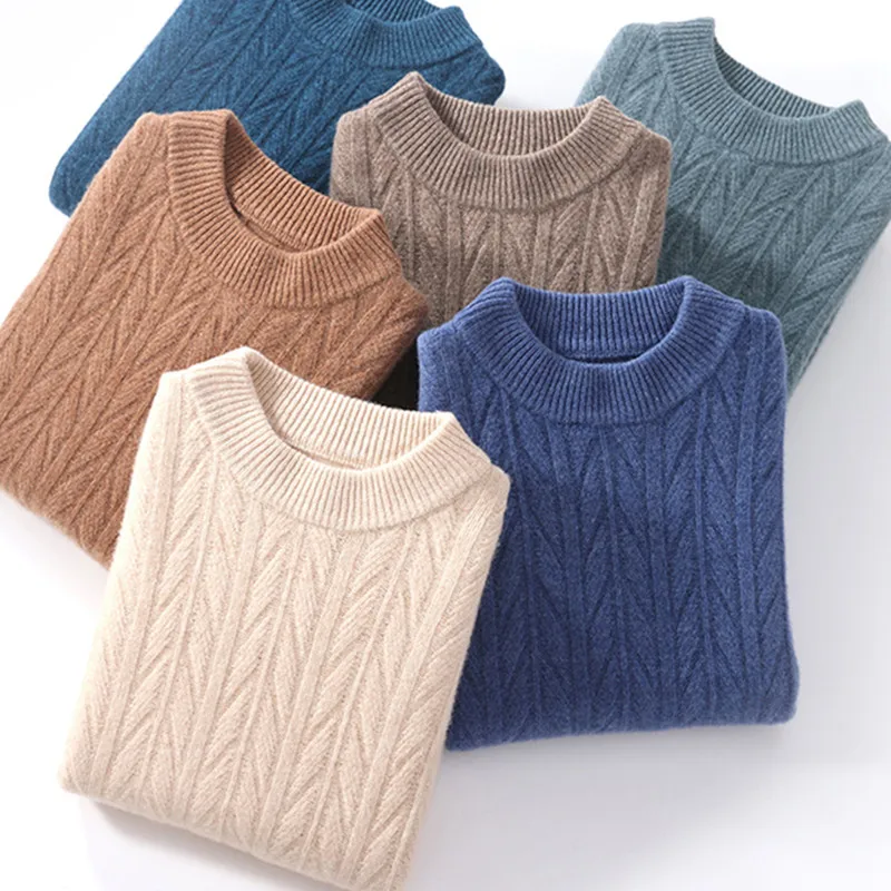 100% Merino Wool Sweater Men's Round Neck Thickened Top Autumn Winter New Solid Color Knitted Pullover Casual Versatile Sweater