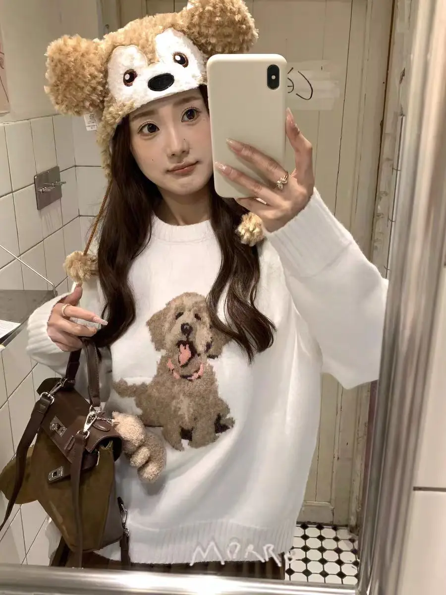 Y2k Kawaii Cute Knitted Pullovers Women Korean Sweet Harajuku Dog Cartoon Print O-nek Loose Sweater Autumn Tops Mujer Jumper New