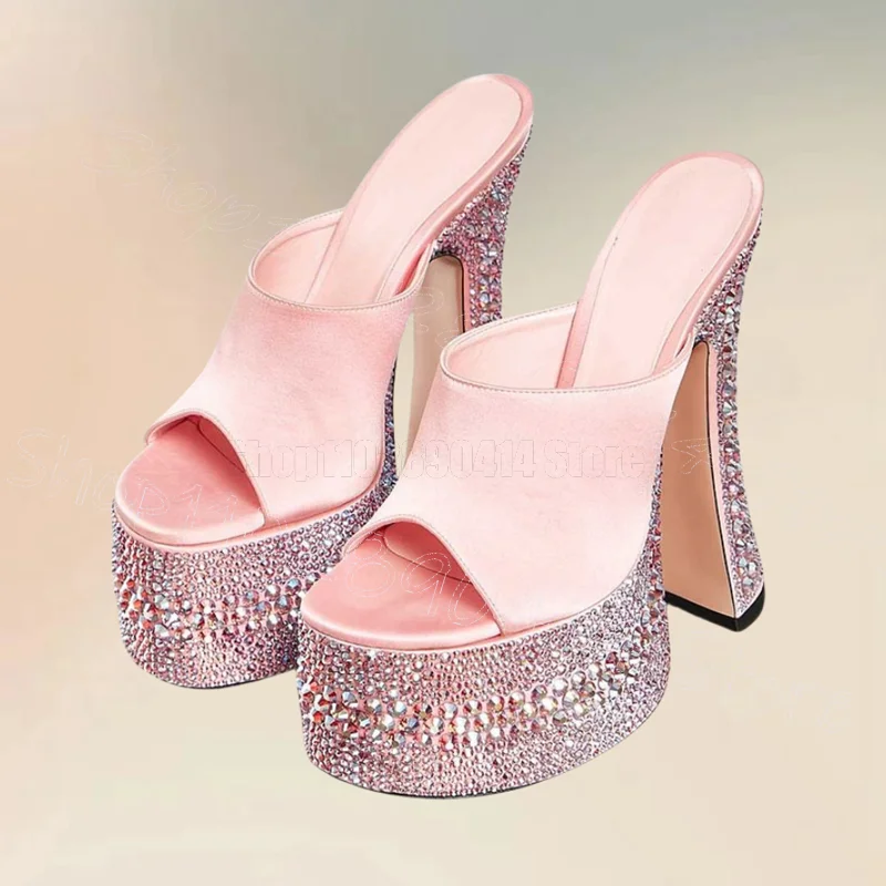 

Pink Silk Open Toe Rhinestone Platform Slippers Slip On Women Shoes Chunky High Heels Banquet Dating 2024 Zapatos Para Mujere