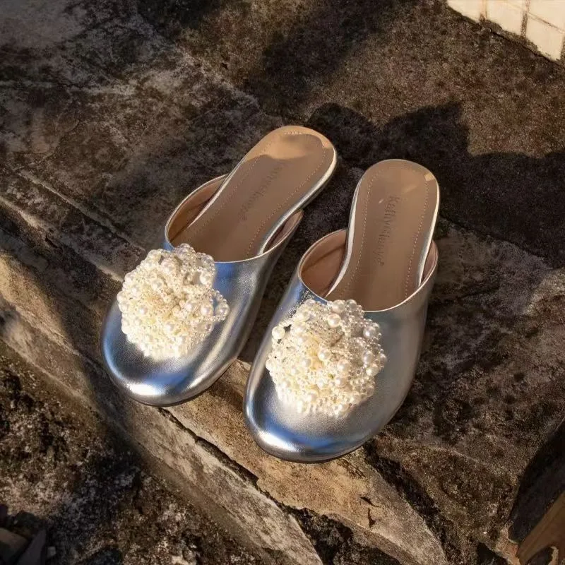 

Summer Baotou Slippers for Women Niche Flat Bottomed Mueller Fashionable Temperament Slippers Round Headed Outdoor Flat Sandals