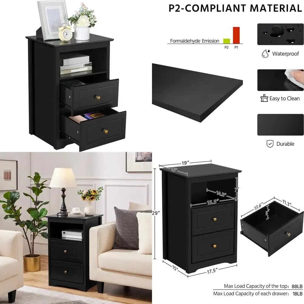 

Высокая деревянная тумбочка с 2 ящиками и Cubby, 29 Высокая прикроватная тумбочка Шкаф для хранения для спальни