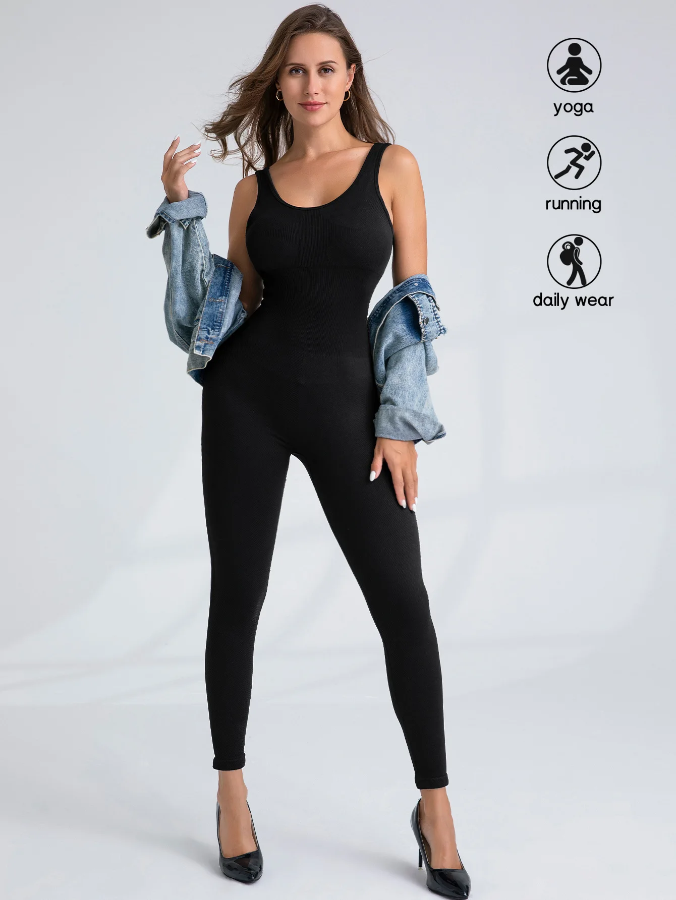 Spring and autumn seamless jumpsuit women elastic tight quick dry yoga clothes after V running sports fitness clothes