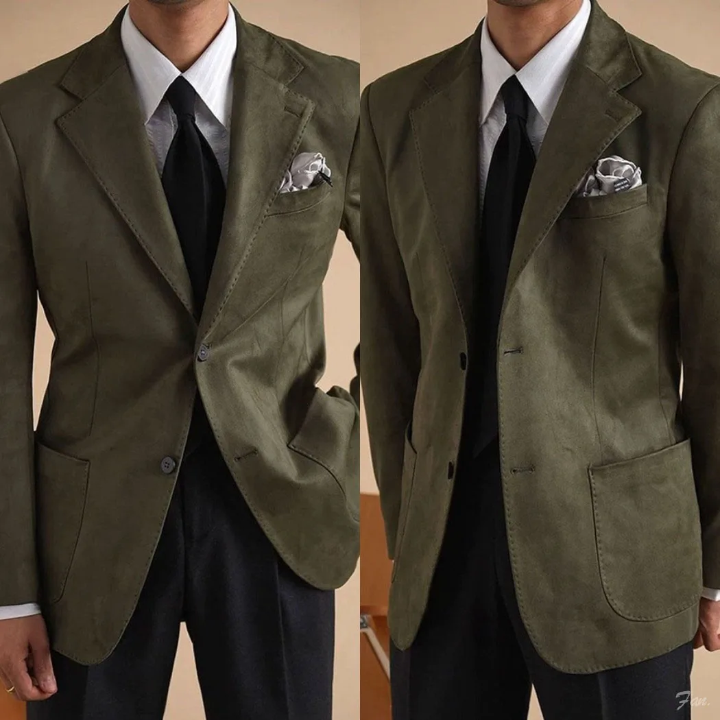 Elegant Olive Green Faux Suede Men's Single Breasted Blazer with Patch Pockets and Contrast Stitching Casual Customized M264716