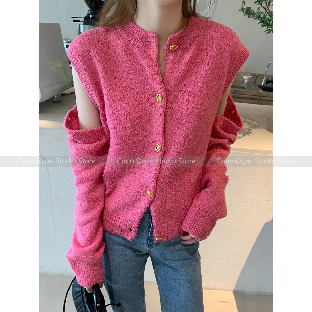 Sweet temperament removable sleeves knitted cardigan solid colour waistcoat waistcoat jumper niche simple two wear