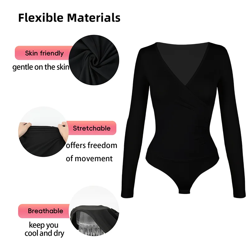 Women\'s Long Sleeve Shapewear Sexy Deep V Body Shaper Ribbed Cross Tight Bodysuit Tummy Control Slimming Abdomen Corset