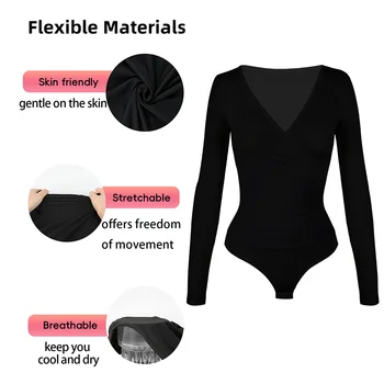 Women's Long Sleeve Shapewear Sexy Deep V  Body Shaper Ribbed Cross Tight Bodysuit Tummy Control Slimming Abdomen Corset 3