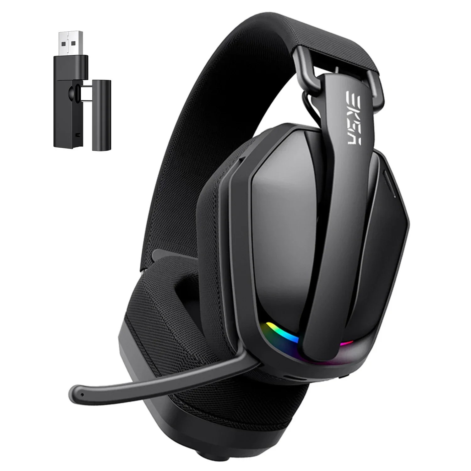 Casque de jeu sans fil EKSA 2.4GHz avec micro USB/type C, casque Bluetooth ultraléger pliable pour PC/PS5/Xbox