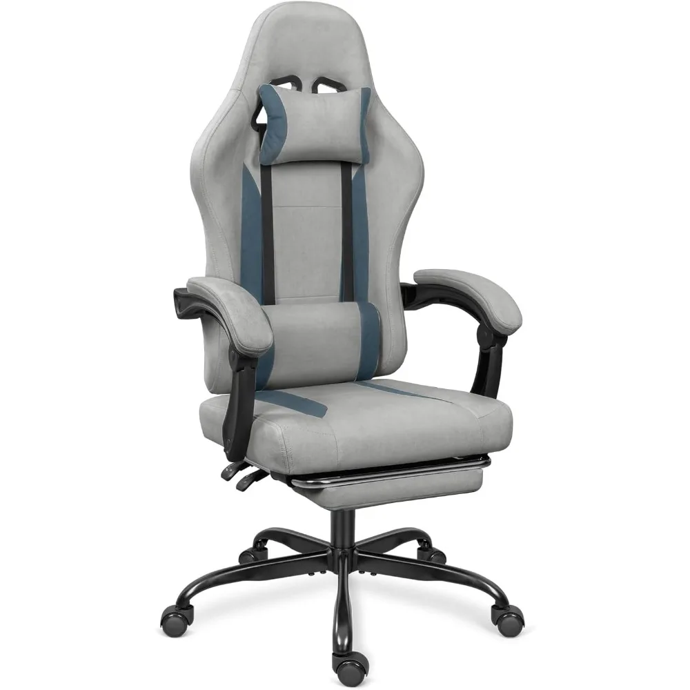 Breathable Adjustable Gaming Chair with Footrest for Home Office Light Grey Blue
