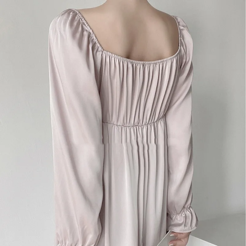 Spring Summer 2024 New Vintage Pajamas Women\'s Ice Silk Loungewear Long Sleeves Long Skirt V-neck Nightdress Court Style Skirt
