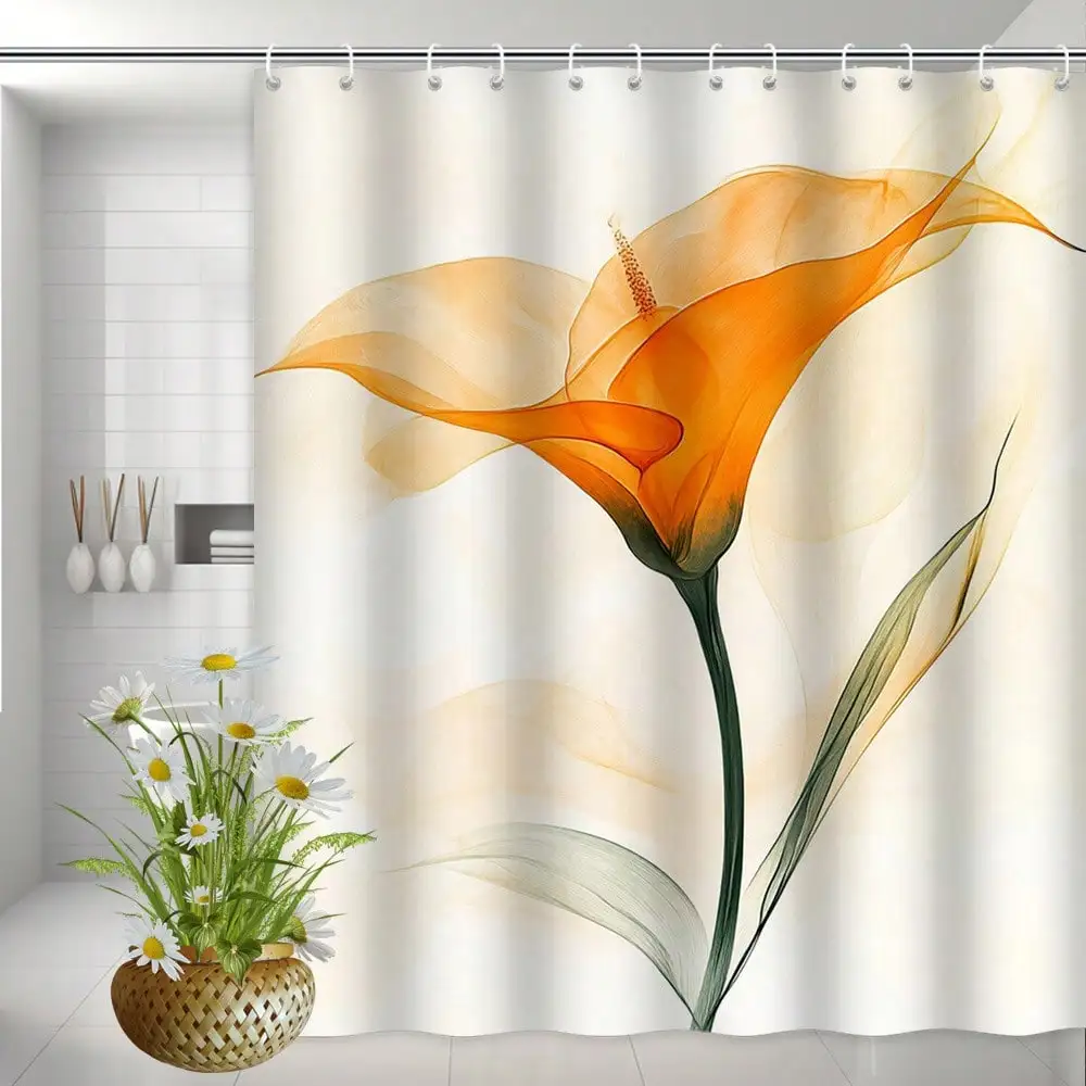 

1/4PC Extra Large Floral Shower Curtain- Elegant watercolor calla lily design, vibrant orange flowers against a beige background