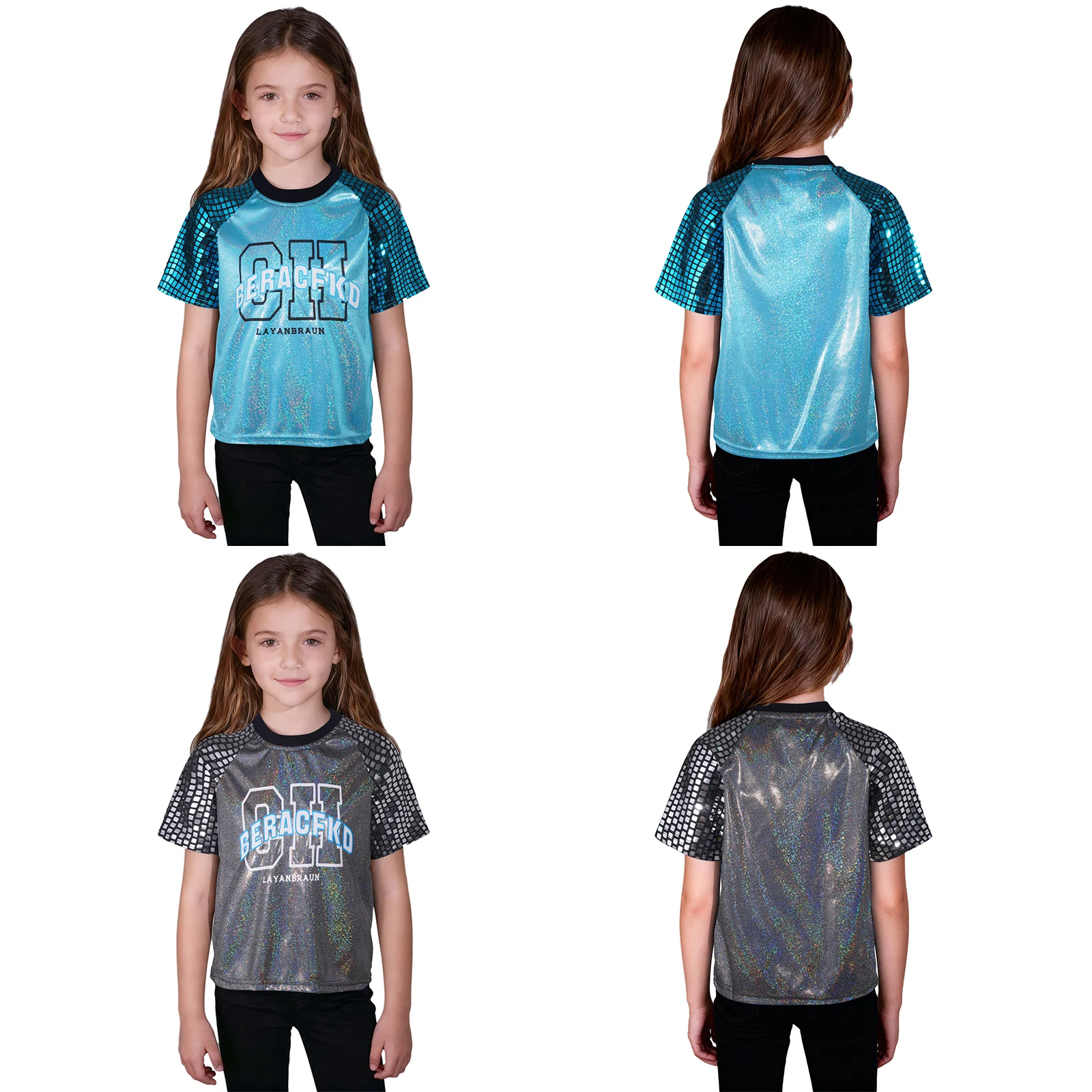 Unisex Kids Girls Boys Cheerleading Dance Tops Hip Hop Jazz Street Dance Costume Shiny Plaid Sequins Short Sleeves Metallic Tops