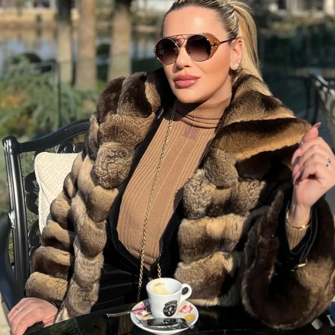 New Luxury Women Natural Rex Rabbit Fur Coat Short Jacket Winter Real Fur Warm Overcoat Female Elegant Natural Fur Thick Outwear