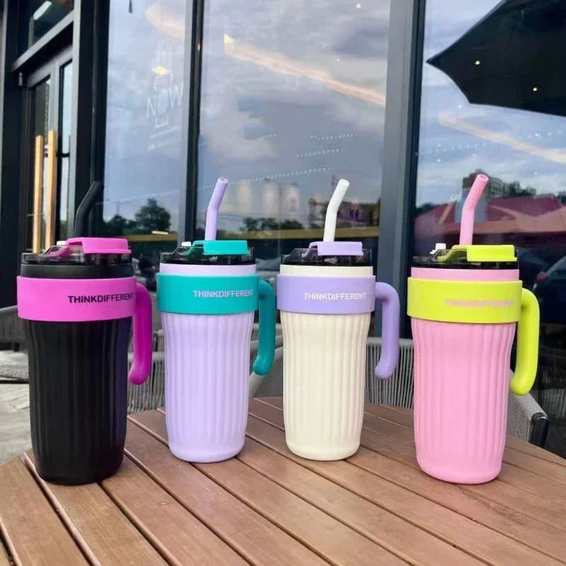 860ml Large Capacity Coffee Cup with Handle Straw Thermos Cup Girl Stainless Steel Ice Bomber Cup Outdoor Portable Water Bottle