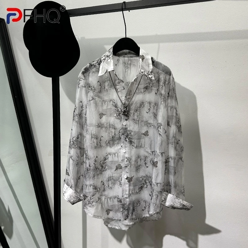 

PFHQ Men's Sexy Shirts Summer Thin Perspective Cool Printed Art Sun Protection Light Luxury Tops Male Creativity Design 21Z4884