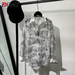 PFHQ Men's Sexy Shirts Summer Thin Perspective Cool Printed Art Sun Protection Light Luxury Tops Male Creativity Design 21Z4884