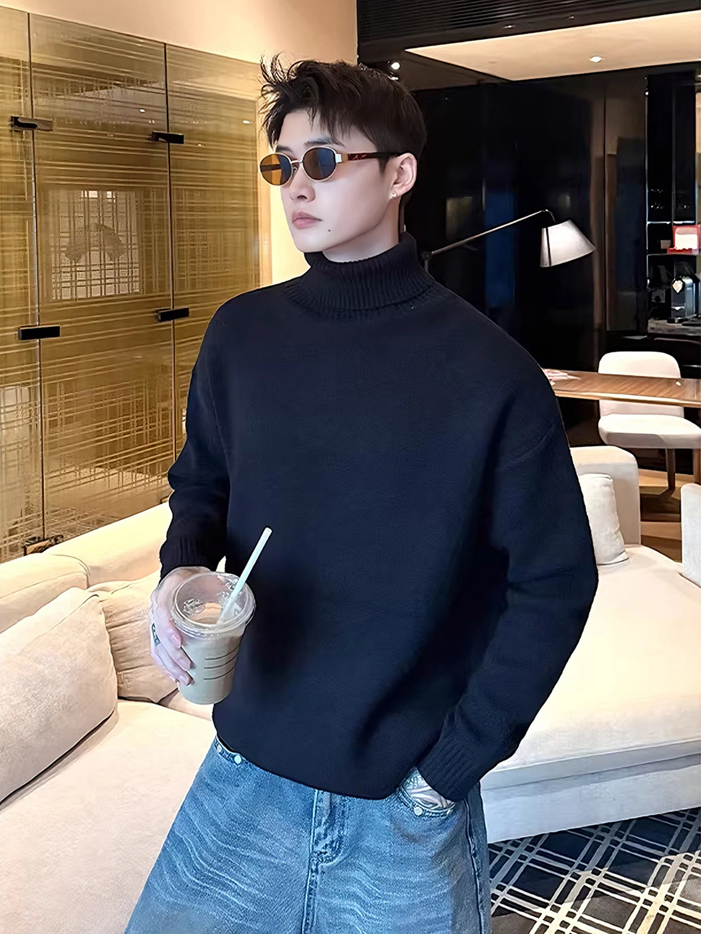 

Мужской зимний теплый трикотажный джемпер с высоким воротником и флисовой подкладкой, облегающий крой, мягкий материал, повседневный стиль