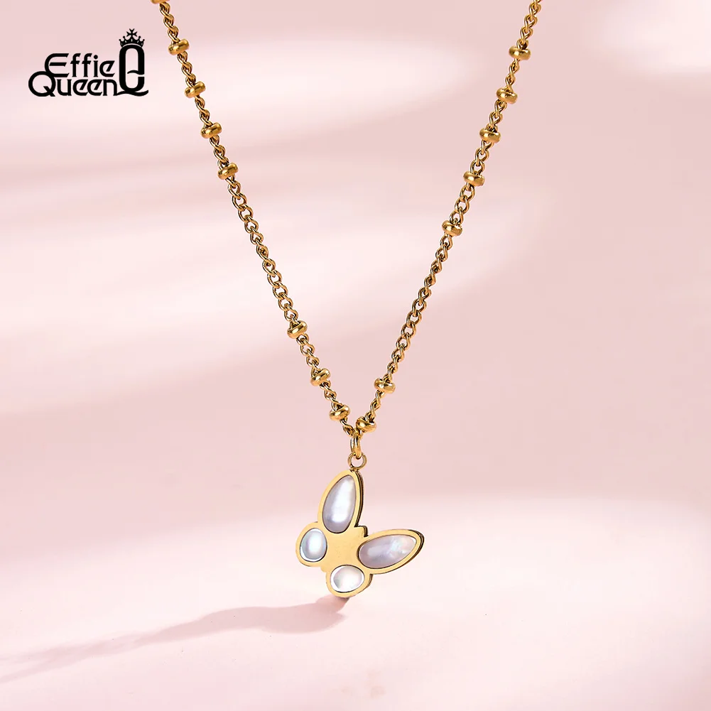 EFFIE QUEEN Cute Butterfly Pendnat Necklace for Women Fashion Trend Stainless Steel Collarbone Chain Wedding Collier STMN24