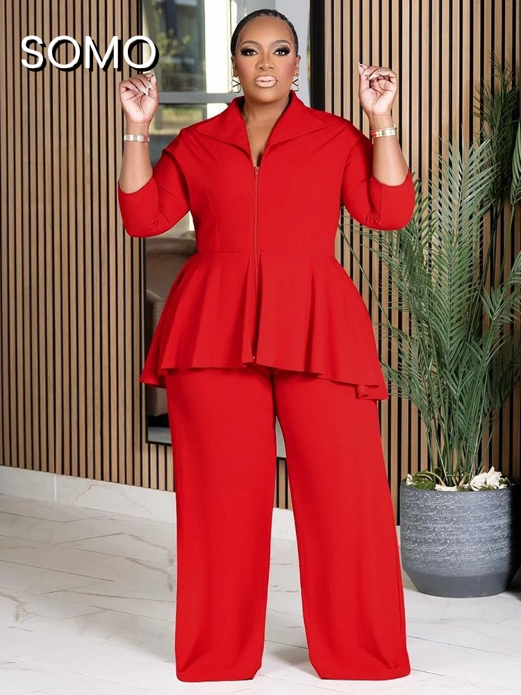 Somo plus size feminino 2 peça conjunto com zíper lapela gola calças de perna larga manga longa 2024 cor sólida lazer terno senhora do escritório magro