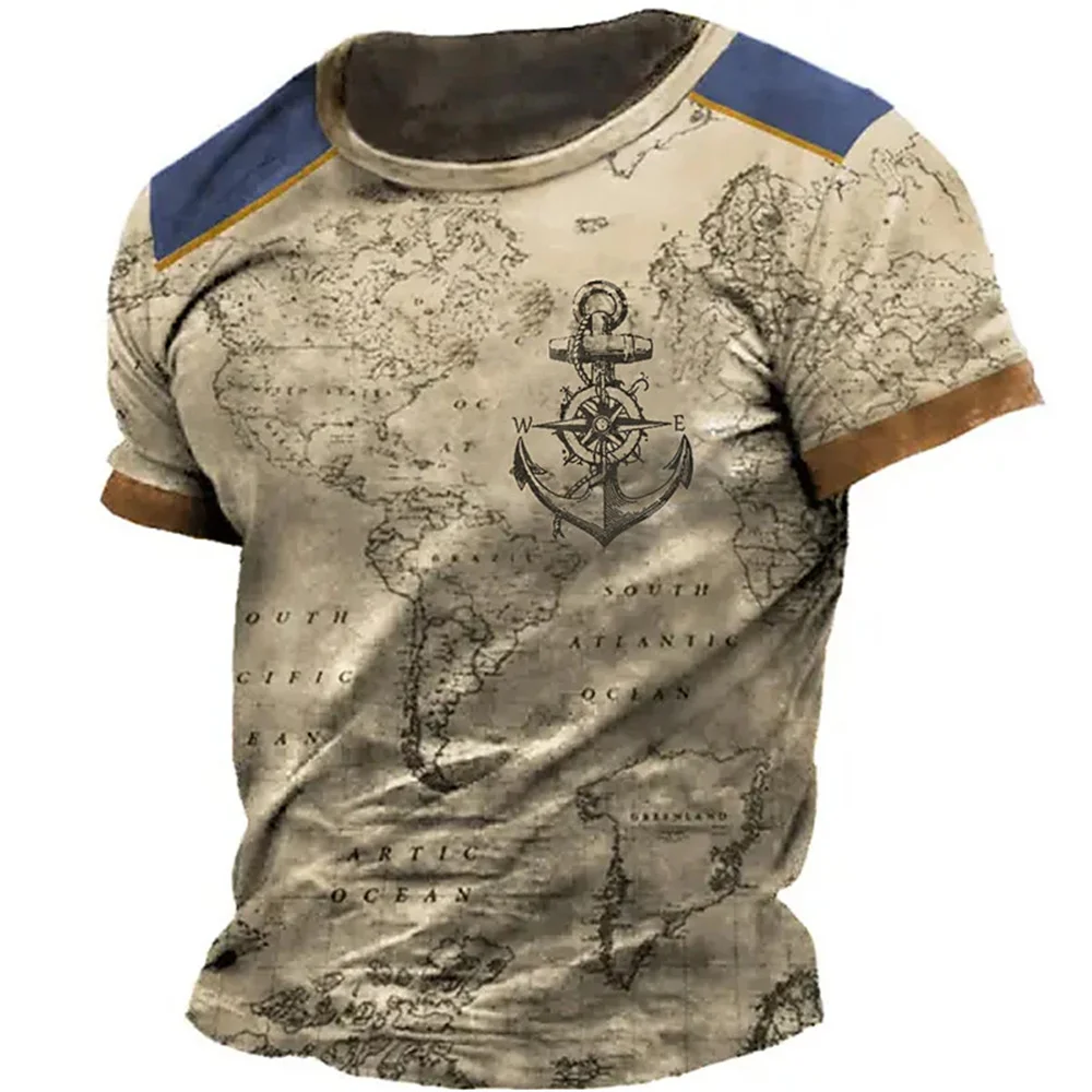 Men\'s T Shirt Vintage 3d Print Nautical Map Compass T-Shirt Round Neck Short Sleeve Male Top Casual Harajuku Tee Loose Clothing