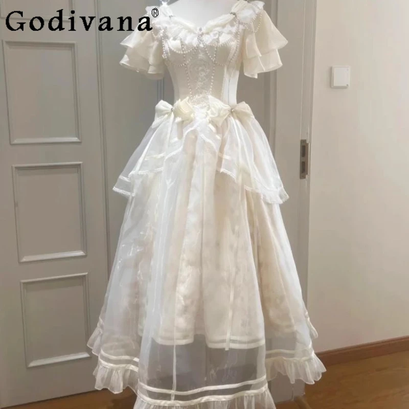 Summer Japanese Lolita Princess Dress Women Waist Cinching Heavy Craft Slimming Dress Female New Birthday Party Long Dress