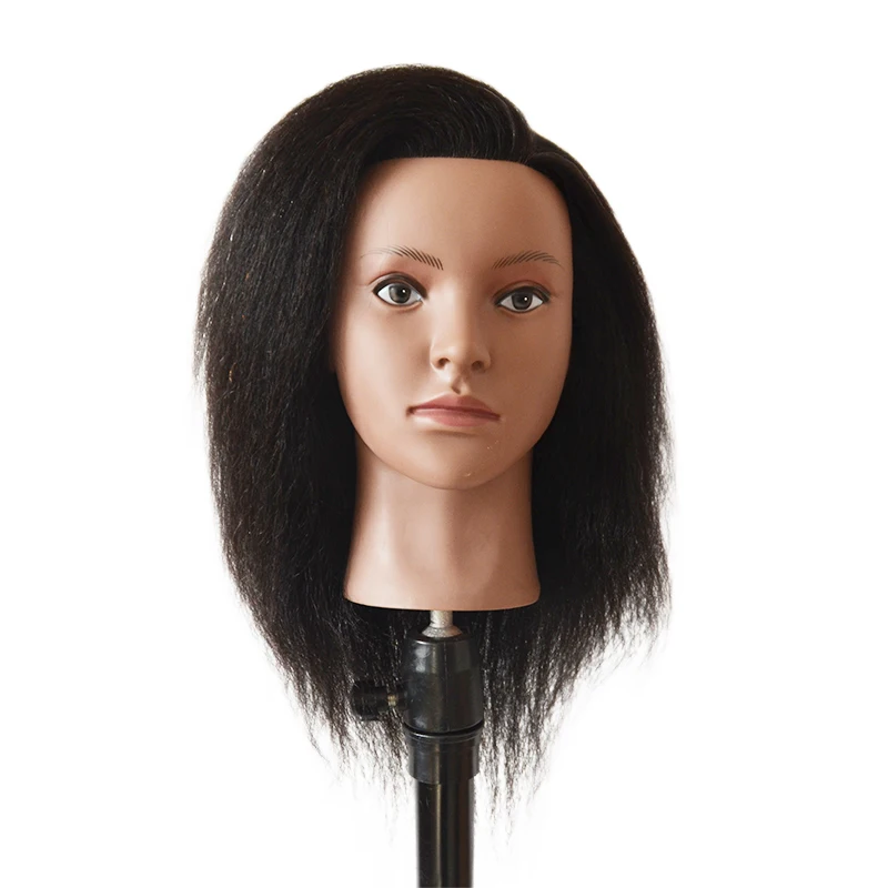 Arican100%Real Human Hair Mannequin Head Black Thick Hair 14inch Afro Training Head Kit Cosmetology Doll Styling Head With Clamp