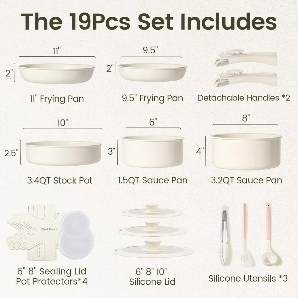 Set di pentole in ceramica non tossico con manici staccabili, padelle e pentole antiaderenti salutari, set da 19 pezzi, senza POA e PTFE, bianco crema