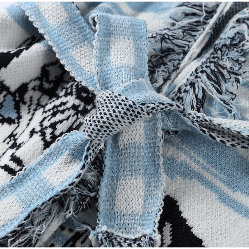 Knitted Jacquard Tassels Patchwork Cardigans Women Sweaters Long Sleeve V-neck Thicken Vacation Sweater 2025 Autumn Coats Tops