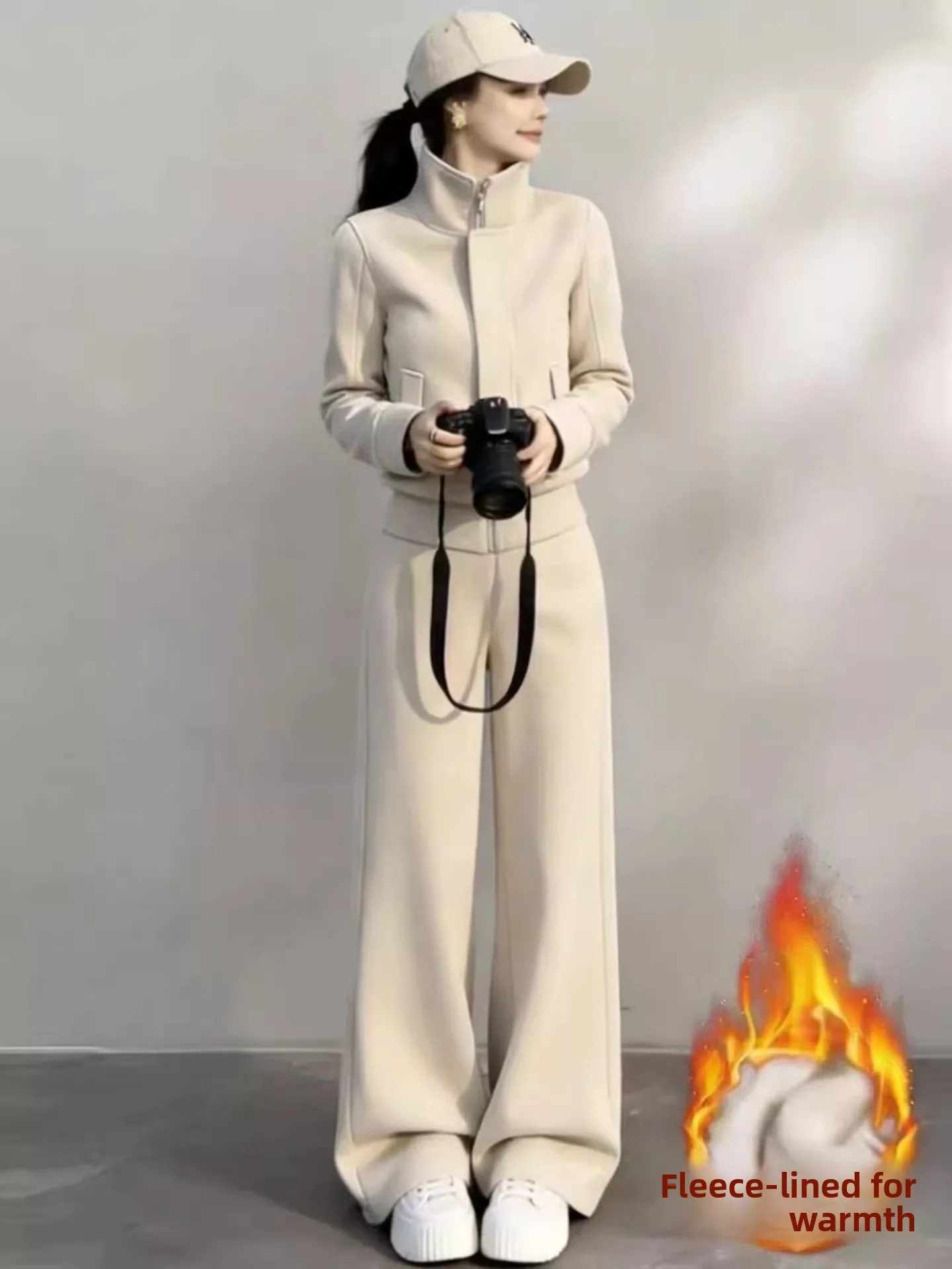 Korean Style Fleece Lined Thick Casual Sportswear Set Women Winter Stand Collar Jacket Wide Leg Pants Sweatshirt Two Piece Set