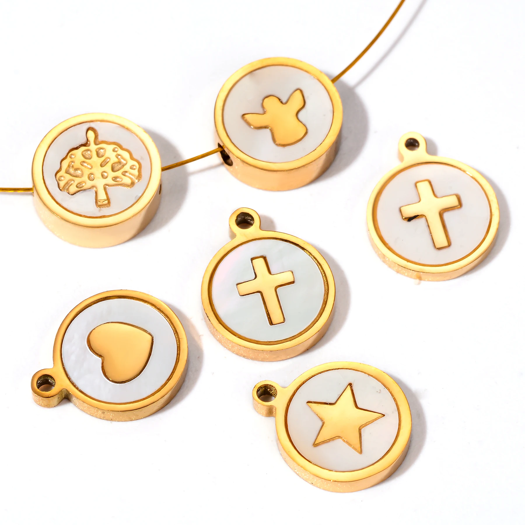 

3Pcs 10mm Round Stainless Steel Shell Cross Heart Angel Star Charms Beads for DIY Women Necklace Jewelry Making Bracelet Supplie