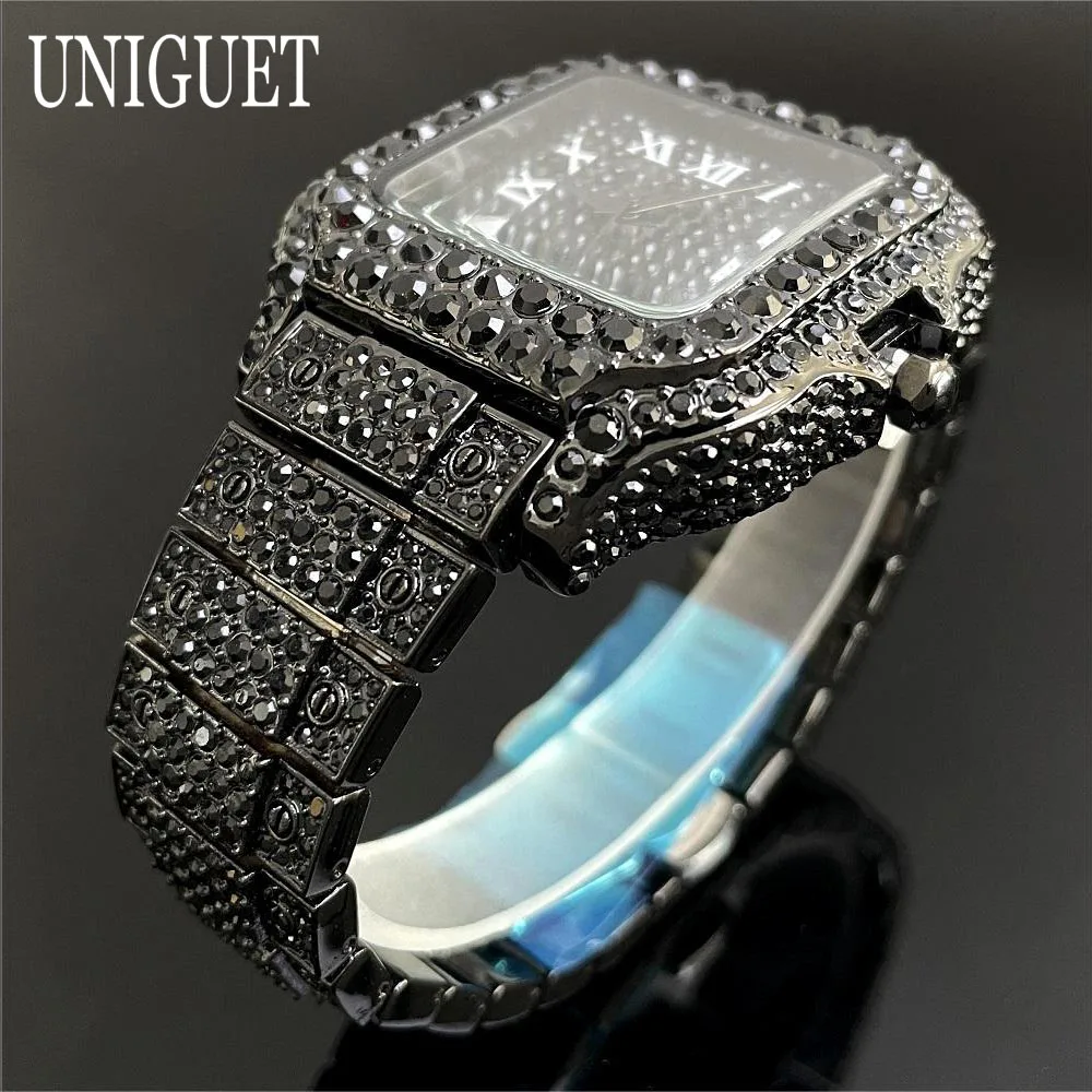 UNIGUET Fashion Iced Watch For Men Lxuxry Stainless Steel Square Quartz Watche Man Hip Hop Black Diamond Wristwatch Reloj Hombre