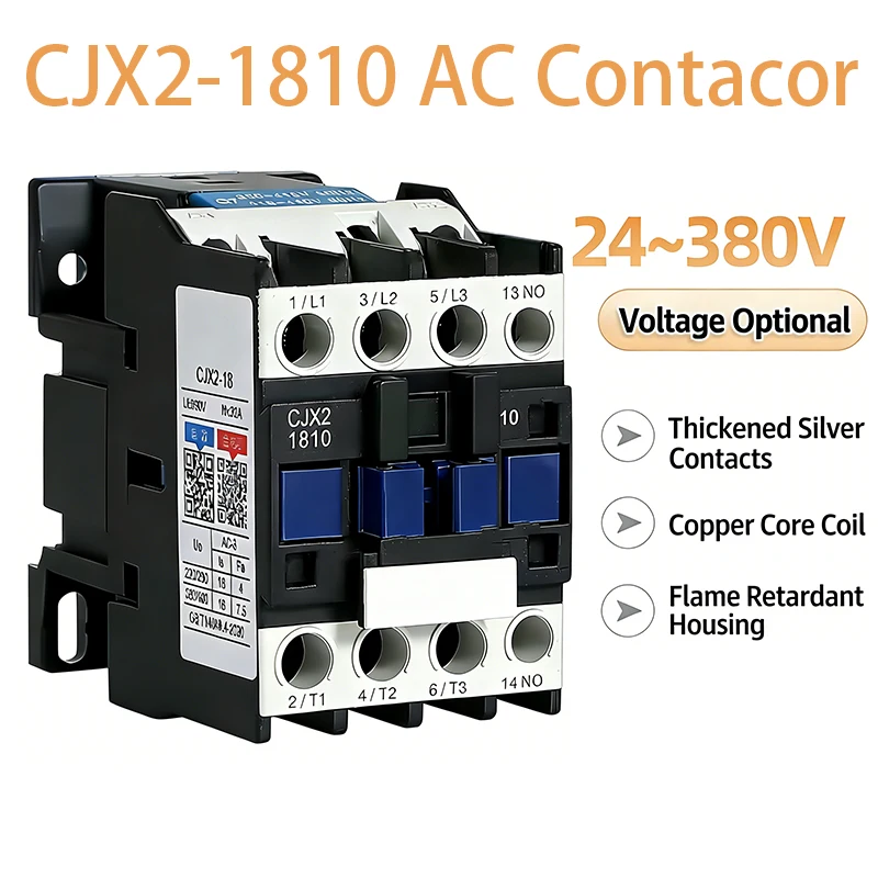 Contactor de CA CJX2-1810, 18A, trifásico, 3 polos, 1 contacto auxiliar, bobina de 24V, 220V, 380V, 50/60Hz, 3P+1NO, mini contactor de carril DIN