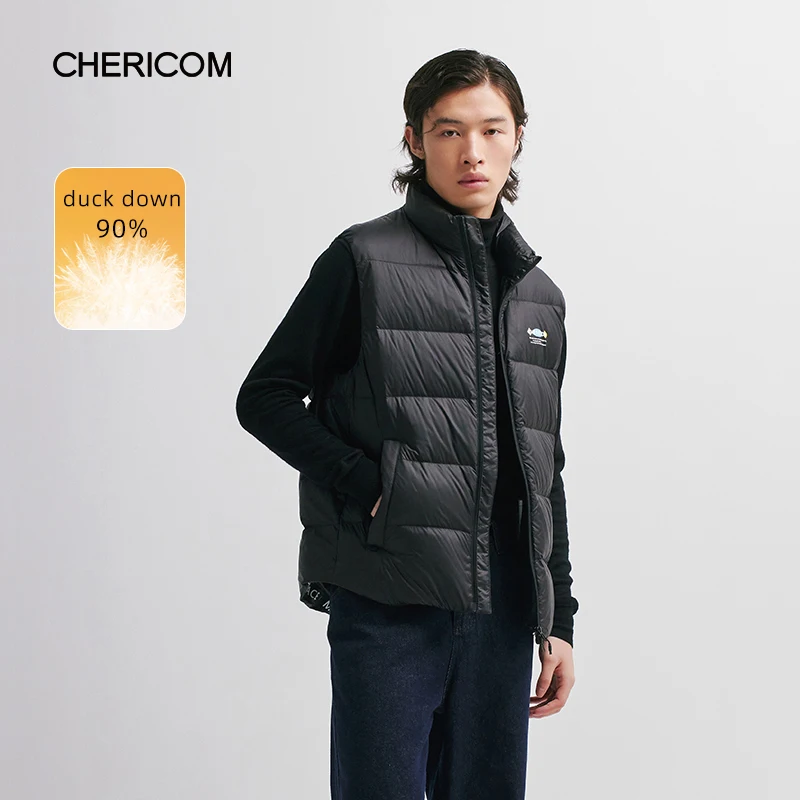 Chericom Autumn Winter Men's Printed Short Stand-Up Down Jacket Vest Inside Outside Dual-Purpose Casual Versatile Jackets 299955