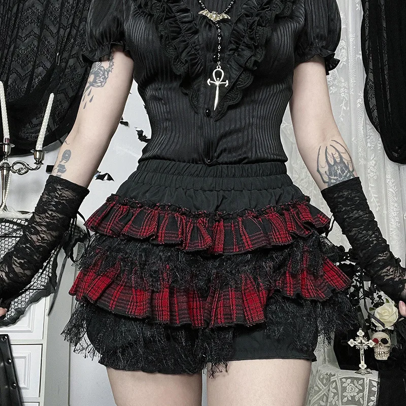 ONE TO WAN Gothic Mini Skirt Halloween Goth Aesthetic Y2K Party Club Harajuku Streetwear Women's Skirt Black High Waist Skirts
