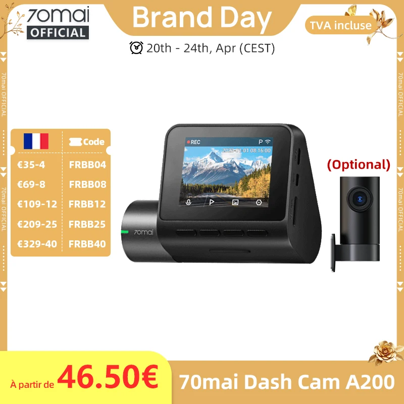 Caméra embarquée 70mai A200 double canal, enregistrement 1080P HDR, écran IPS 2'', surveillance de stationnement 24H, DVR voiture 70mai A200 WIFI APP 130° °   FOV