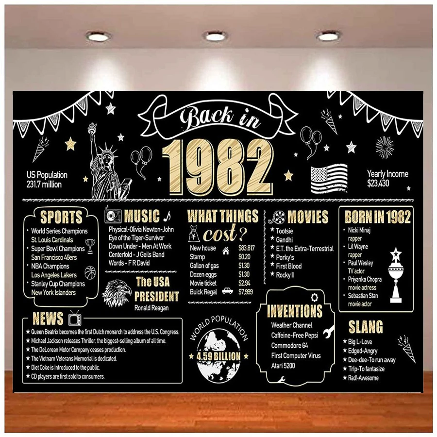 Back In 1982 Banner Photography Backdrop For Men Women Happy 40 Year Old Birthday Party Supplies Black Gold Photo Background