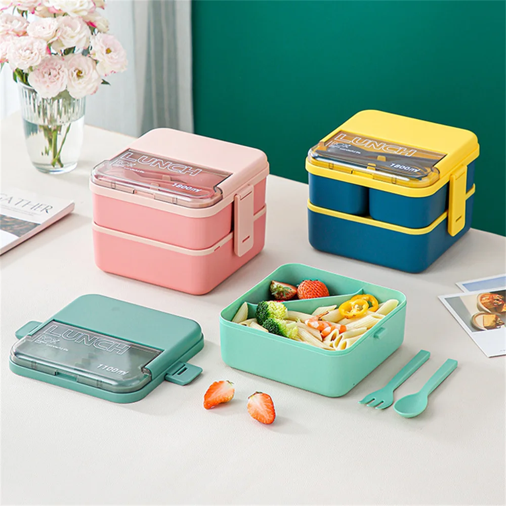 1800ML 2 Layer Bento Lunch Box With Spoon Fork, Adults High Capacity 3 Grids Food Containers Portable Leakproof Office Camping