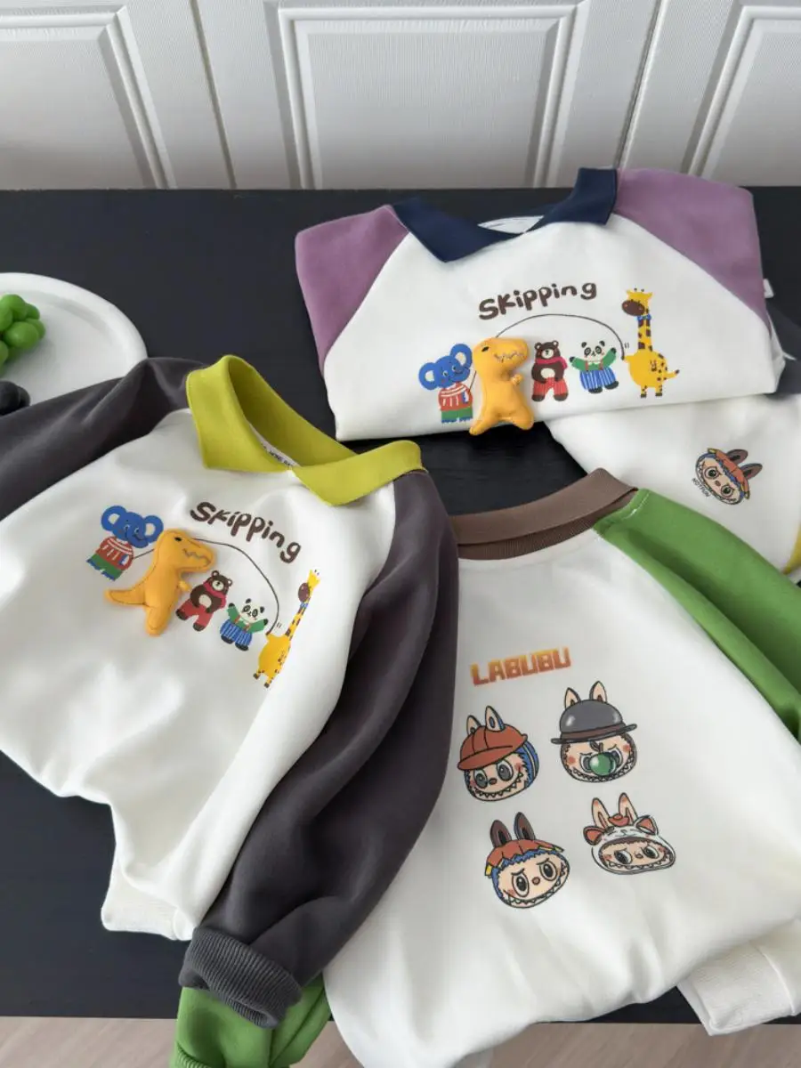 子供用カジュアルアニマル漫画プリントパーカー、襟付きパッチワークトップ、男の子と女の子向け、2025年秋新作