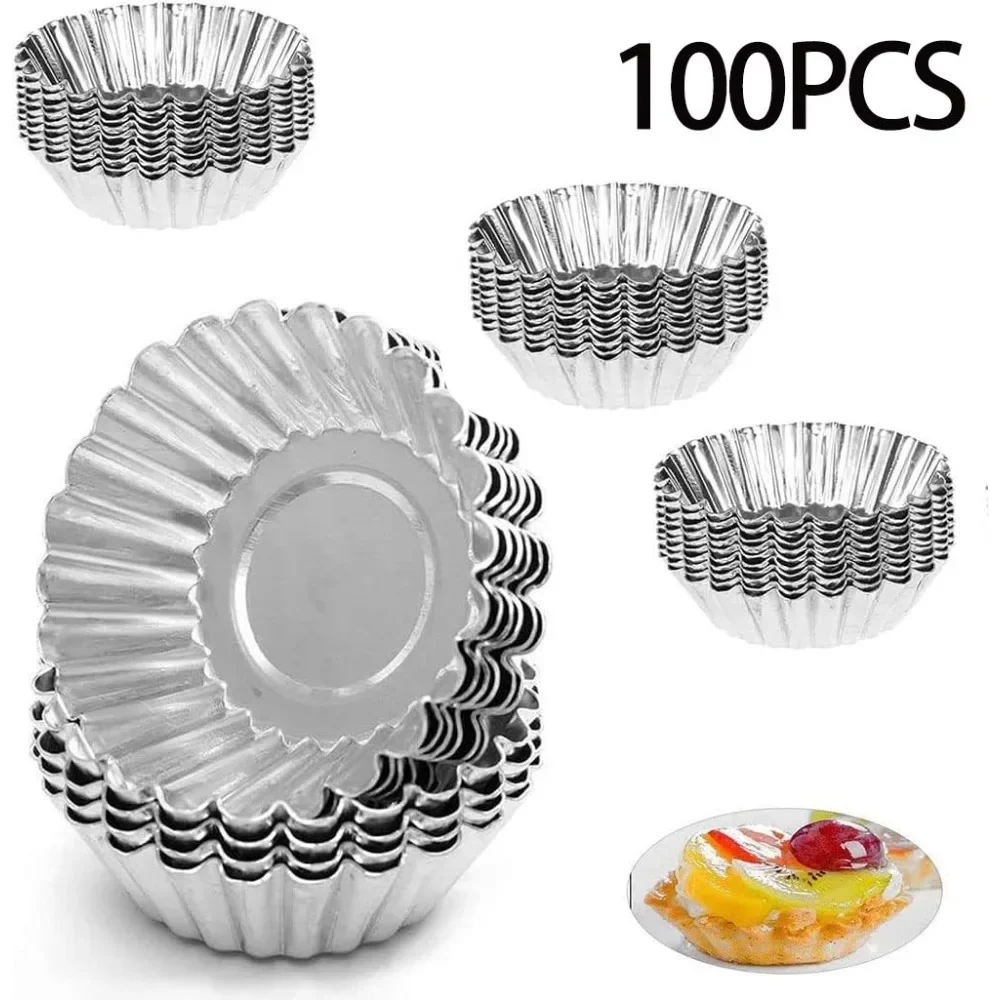 100PCS Egg Tart Molds Silver Chrysanthemum Style Aluminum Foil Egg Tart Cake Baking Cup Household Reusable Baking Pastry Tools