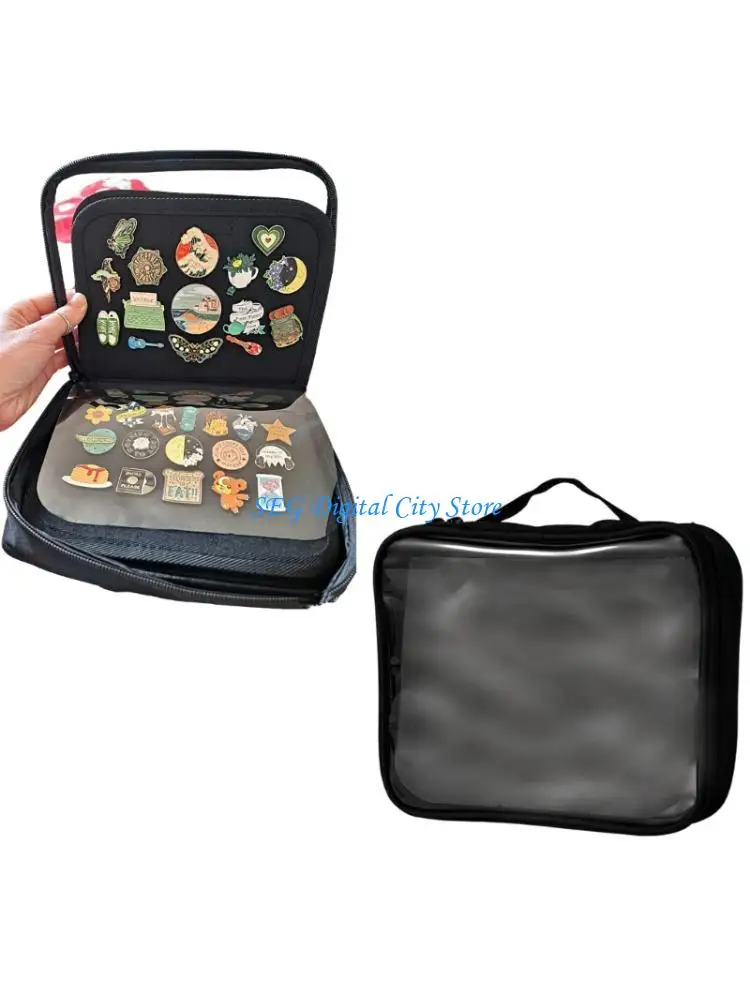 U75B Badge Collection Case with Inner Storage Layer and Full Closure, Portable Enamel Pin Storage Bag with Top Handle for