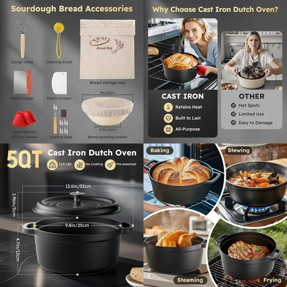 

Bread Baking Kit: 5-Quart Cast Iron Dutch Oven, Proofing Basket, Lame, and More for Sourdough Enthusiasts