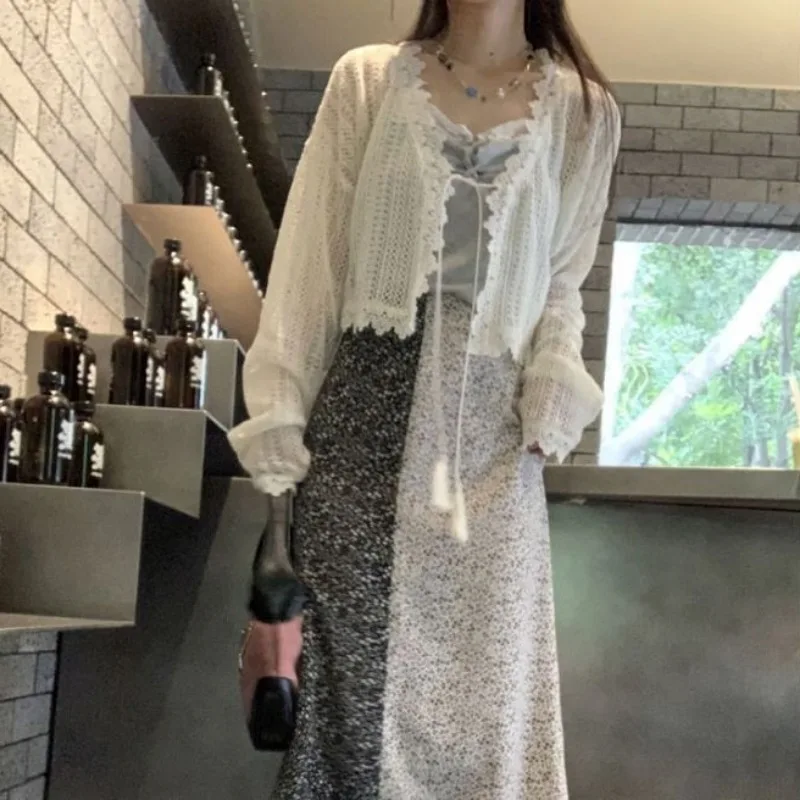 Aesthetic Vintage Cardigan Women Summer Retro Soft Hollow Out Sun-proof Elegant Slim Femme Streetwear Fashion Classic Cropped