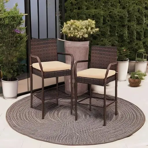 Set of 2 Wicker Bar Stools, Indoor Outdoor Bar Height Chairs w/Cushion, Footrests, Armrests for Backyard, P