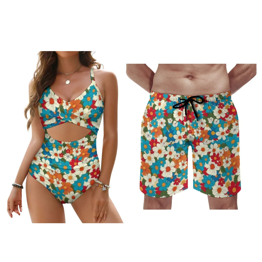 

Женские комплекты бикини, мужские пляжные брюки для пар, летние цветочные стильные настраиваемые узоры, незаменимые для отпуска