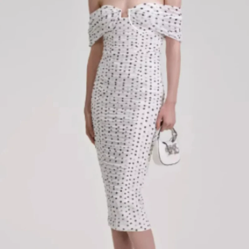 2024 Spring Summer Polka Dots Printed Off The Shoulder Shirring Slash Neck Midi Dress