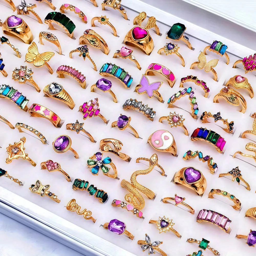 30Pcs/Lot New Fashion Elegant Butterfly Diverse Design Multicolor Rhinestone Rings for Women Love Jewelry Party Gift Accessories