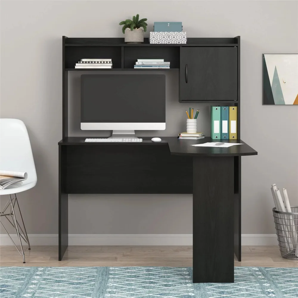 2023 New Mainstays L-Shaped Desk with Hutch, Black Oak