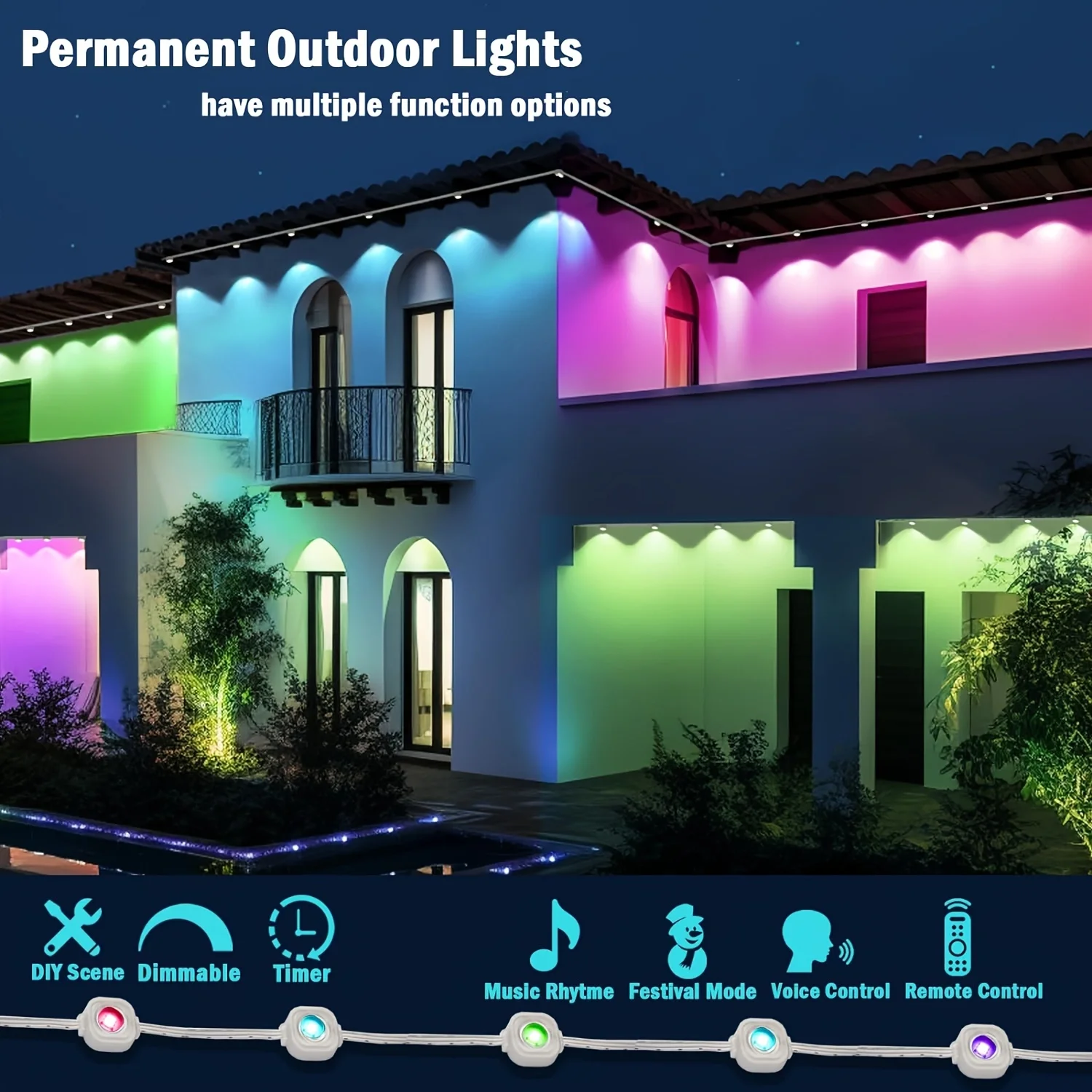 Imagem -03 - Rgb Eaves Led Outdoor Light Strip 30m Faixa de Cordas Permanente Aplicação Inteligente Faça Você Mesmo Cena Automática Efeitos de Iluminação Natal Decoração de Festas