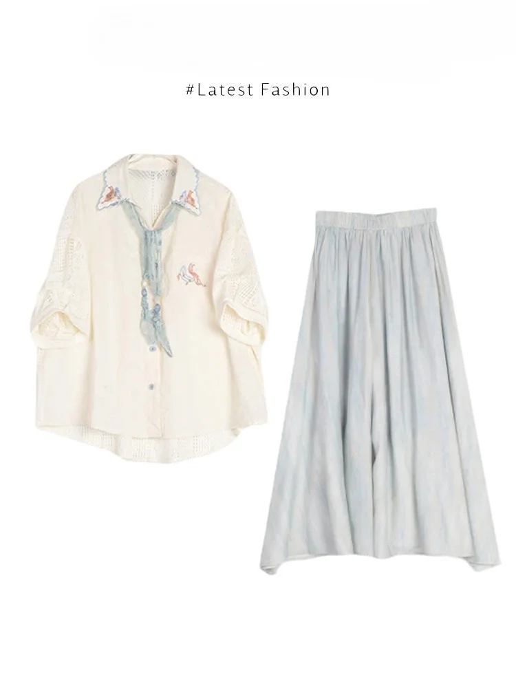 Conjunto de camisa y pantalones de manga larga con diseño hueco a la moda para mujer, estilo nuevo de verano, informal, cómodo y transpirable, de dos piezas.
